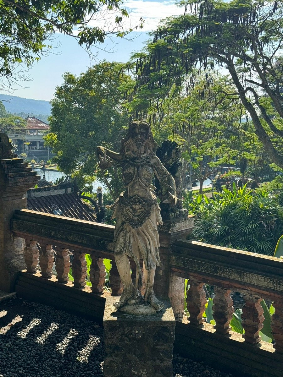 Detailed stone statue of an animal covered in a black and white checkerboard cloth at Tirta Gangga