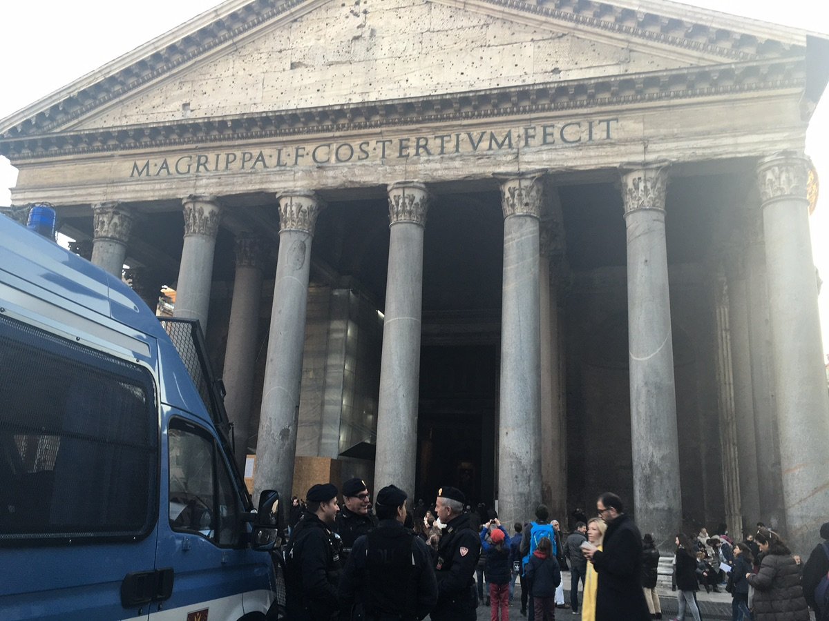 The majestic columns and entrance of the Pantheon in Rome