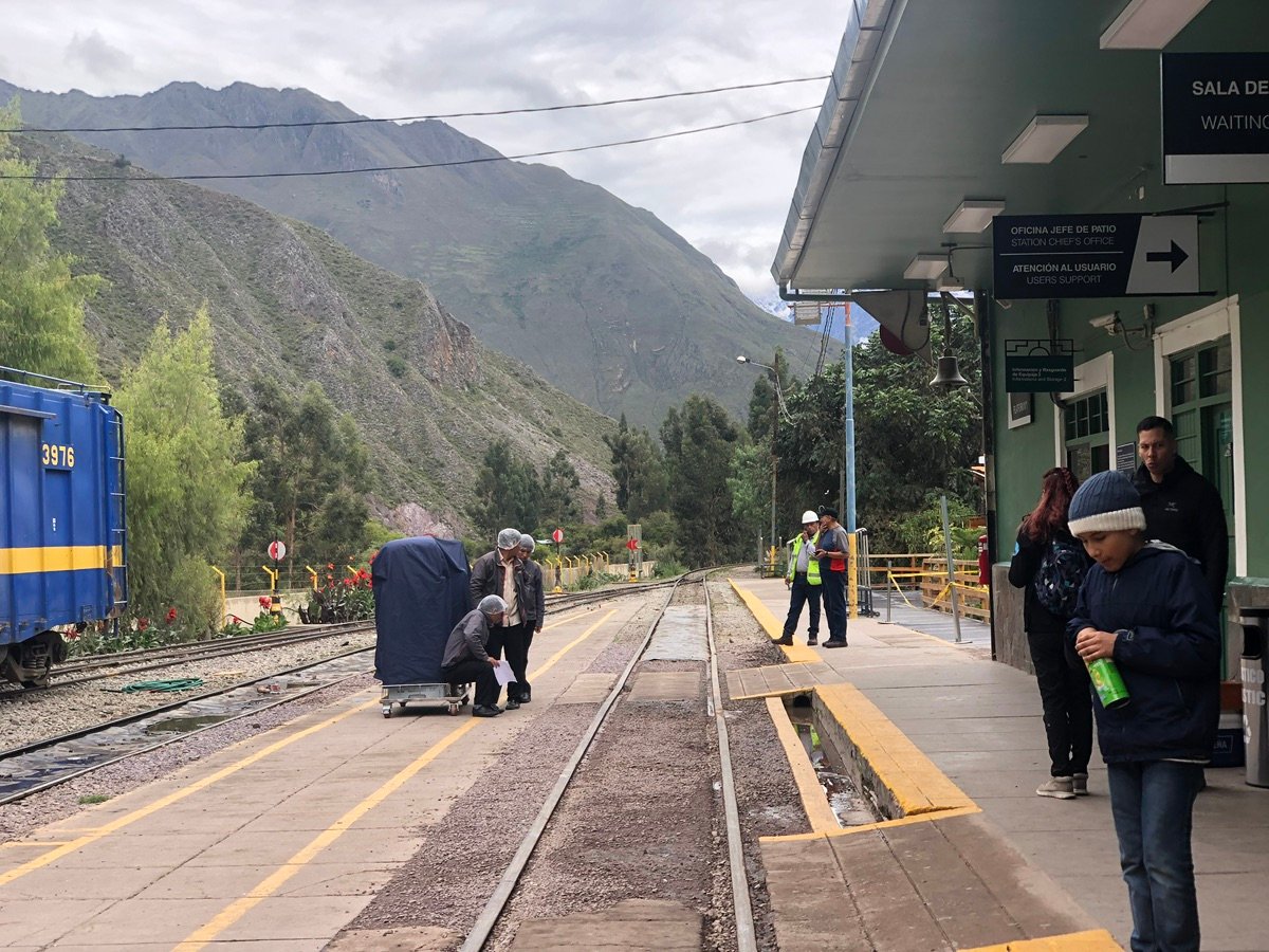 View from the platform at Ollantaytambo station, Peru