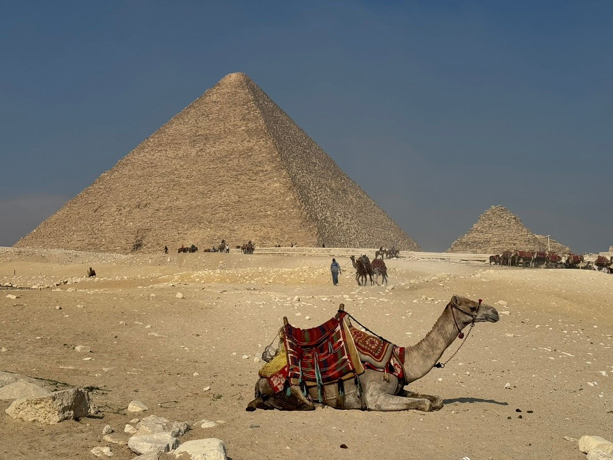 两个年轻人站在沙漠中,背景是吉萨狮身人面像的侧面和远处的城市
