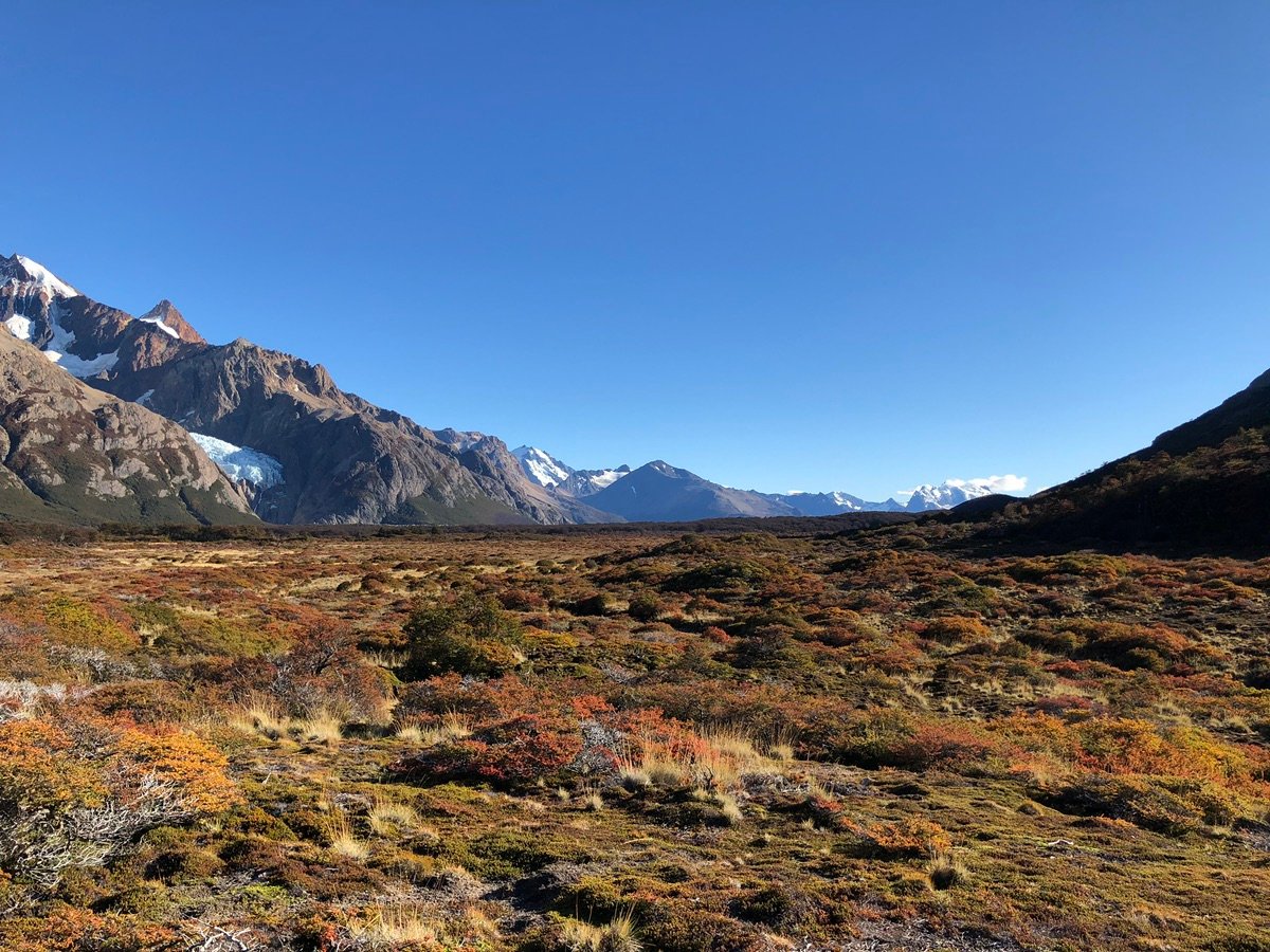 尔查尔滕托雷湖步道山谷中起伏的秋色景观