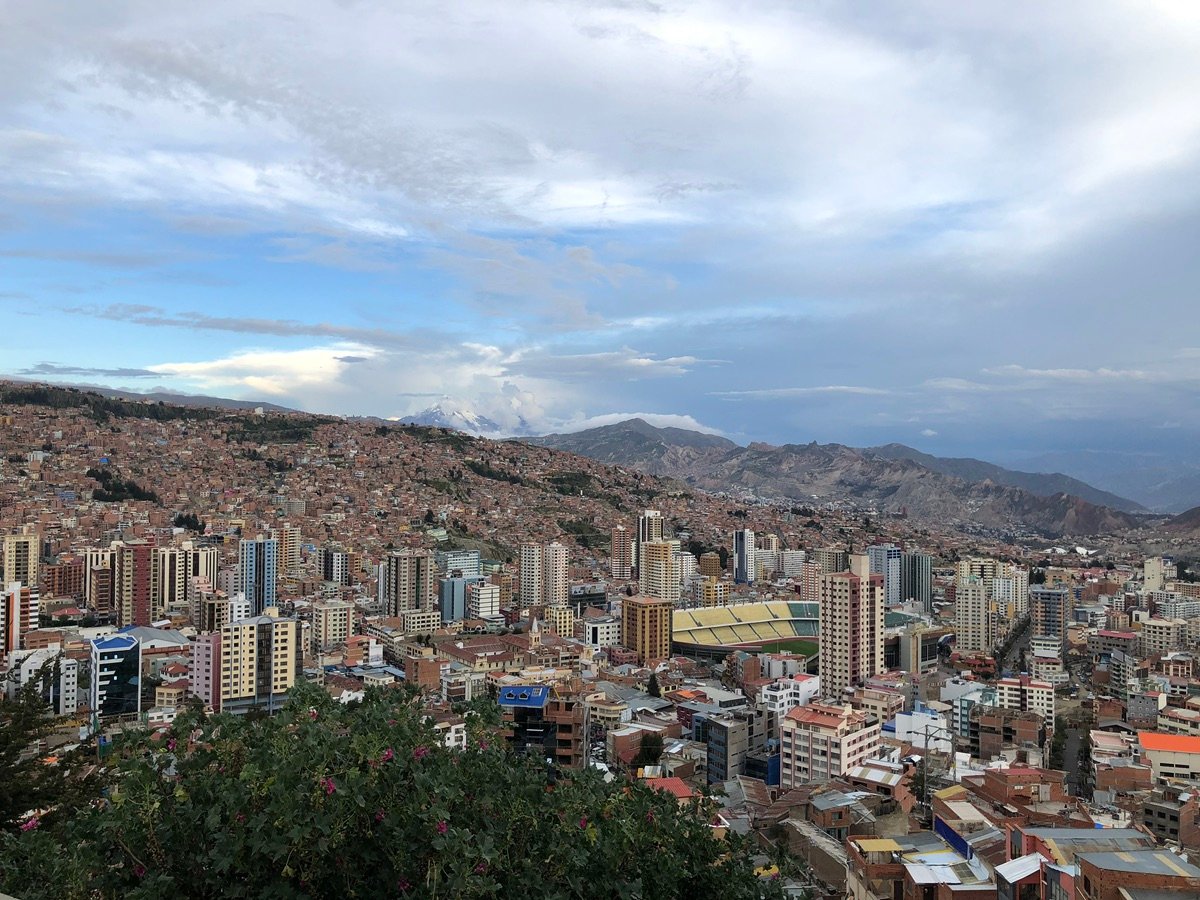 A panoramic view of La Paz, Bolivia with Mount Illimani in the background