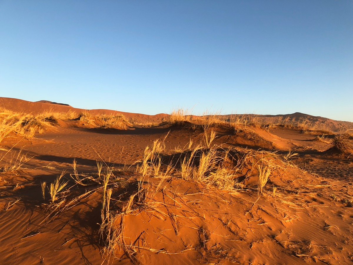 Amanecer en el desierto de Namib con el sol naranja apareciendo detrás de las montañas