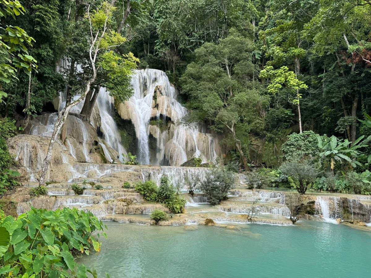 クアンシーの滝の低い段で、木々と水が流れ込む様子