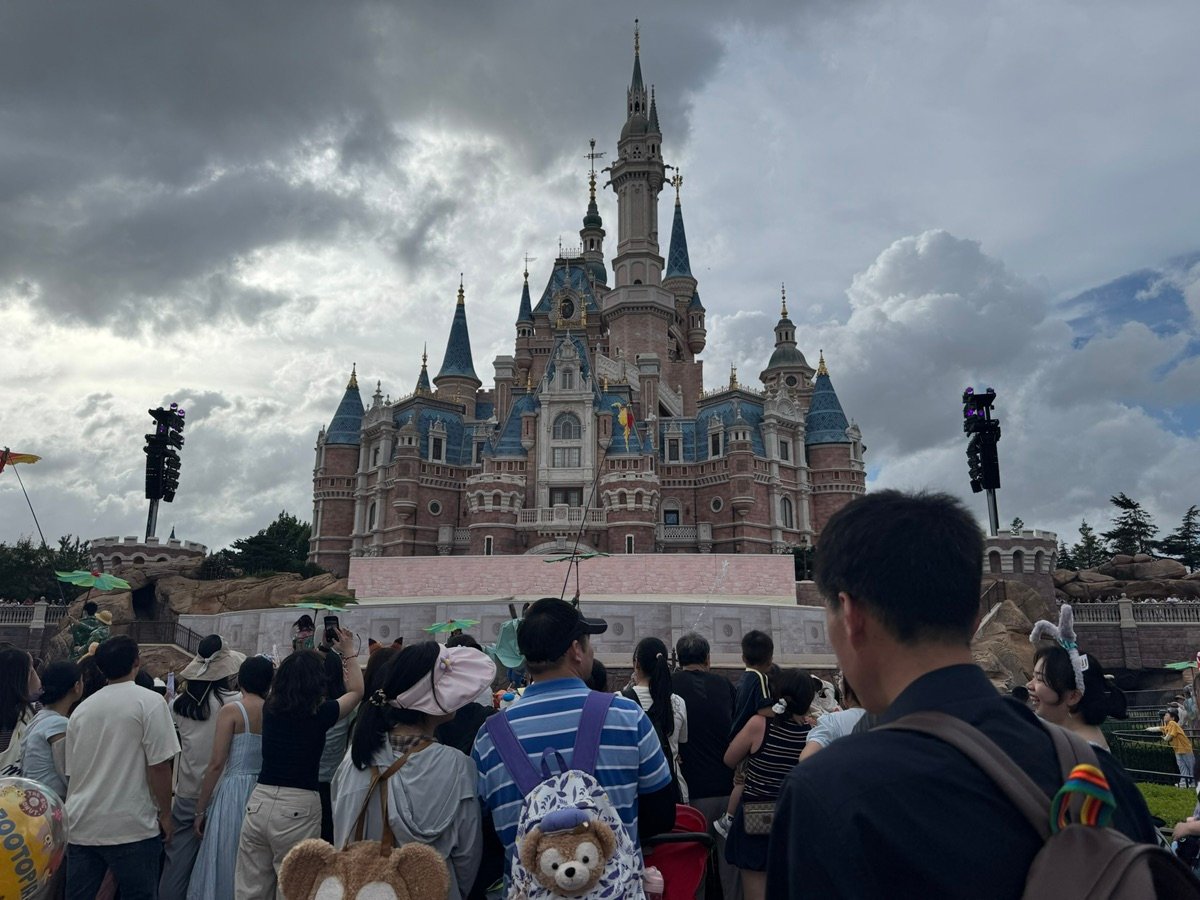 白い花畑越しの上海ディズニーランドのランプポストと城