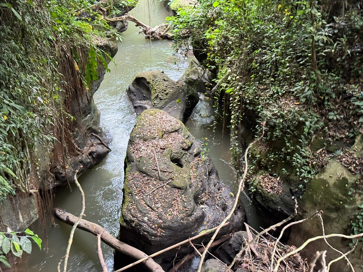 View of traditional roofs at Gunung Kawi Temple amidst lush greenery