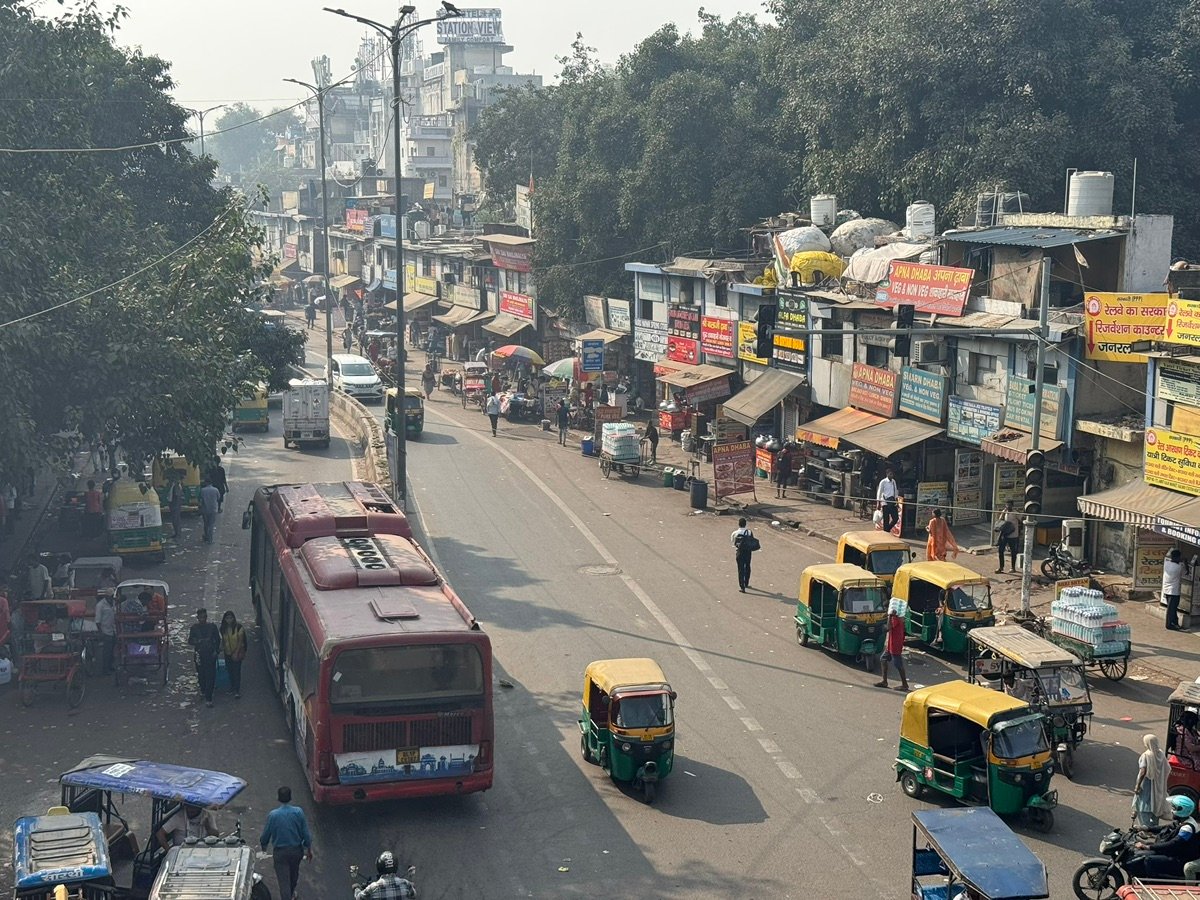 Bustling street with various shops