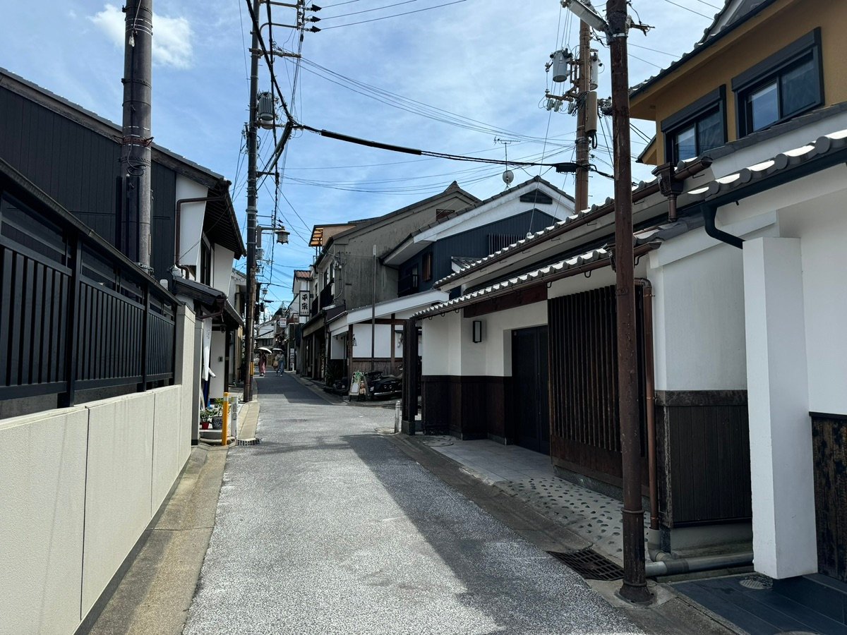 Walking past traditional houses on Nishiterabayashi Street in Nara.
