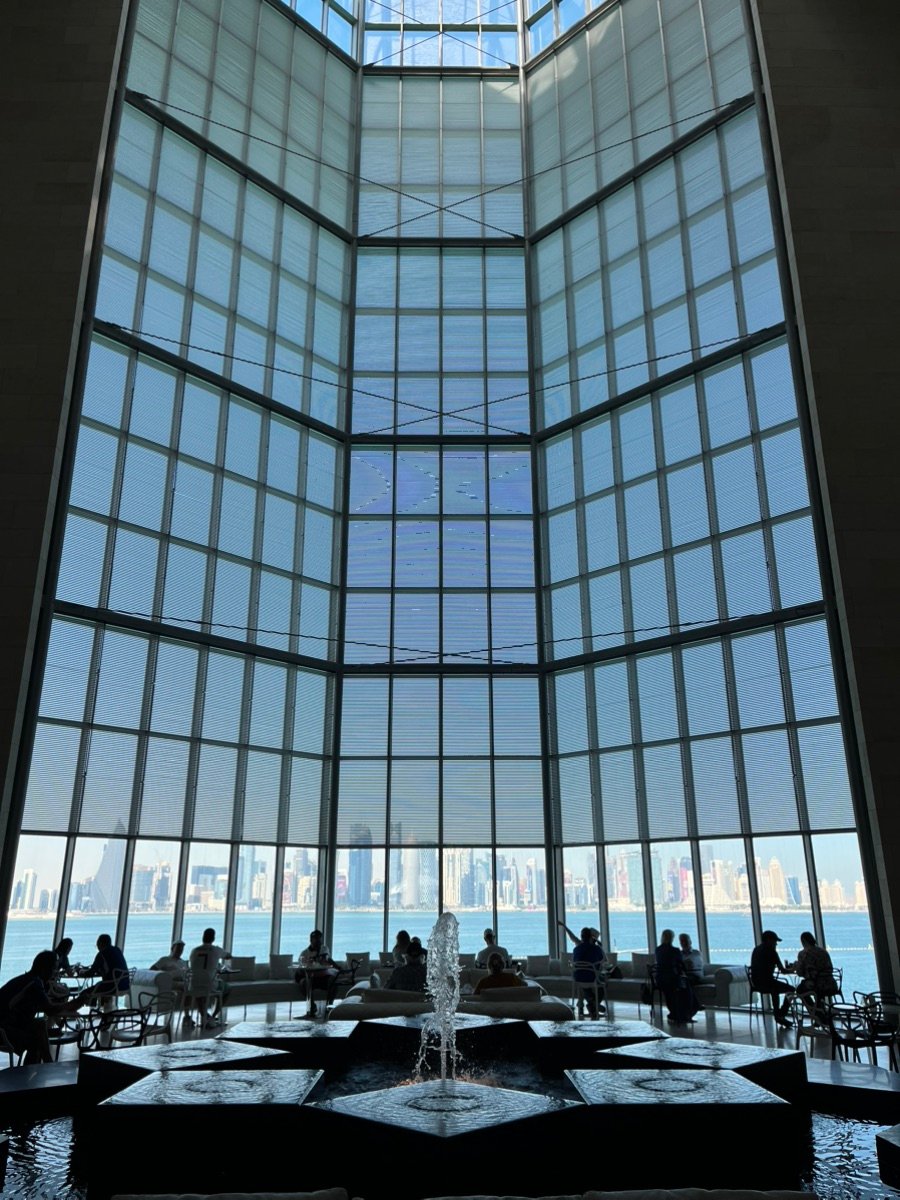 The Doha skyline seen from inside the Museum of Islamic Art cafe.