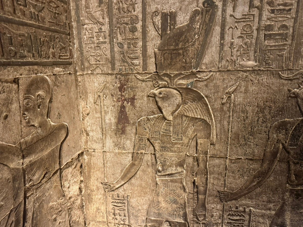 Detailed stone reliefs of Horus carved into the walls of Edfu Temple.