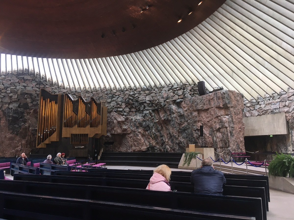 Inside the Temppeliaukio Church in Helsinki, built directly into the rock.