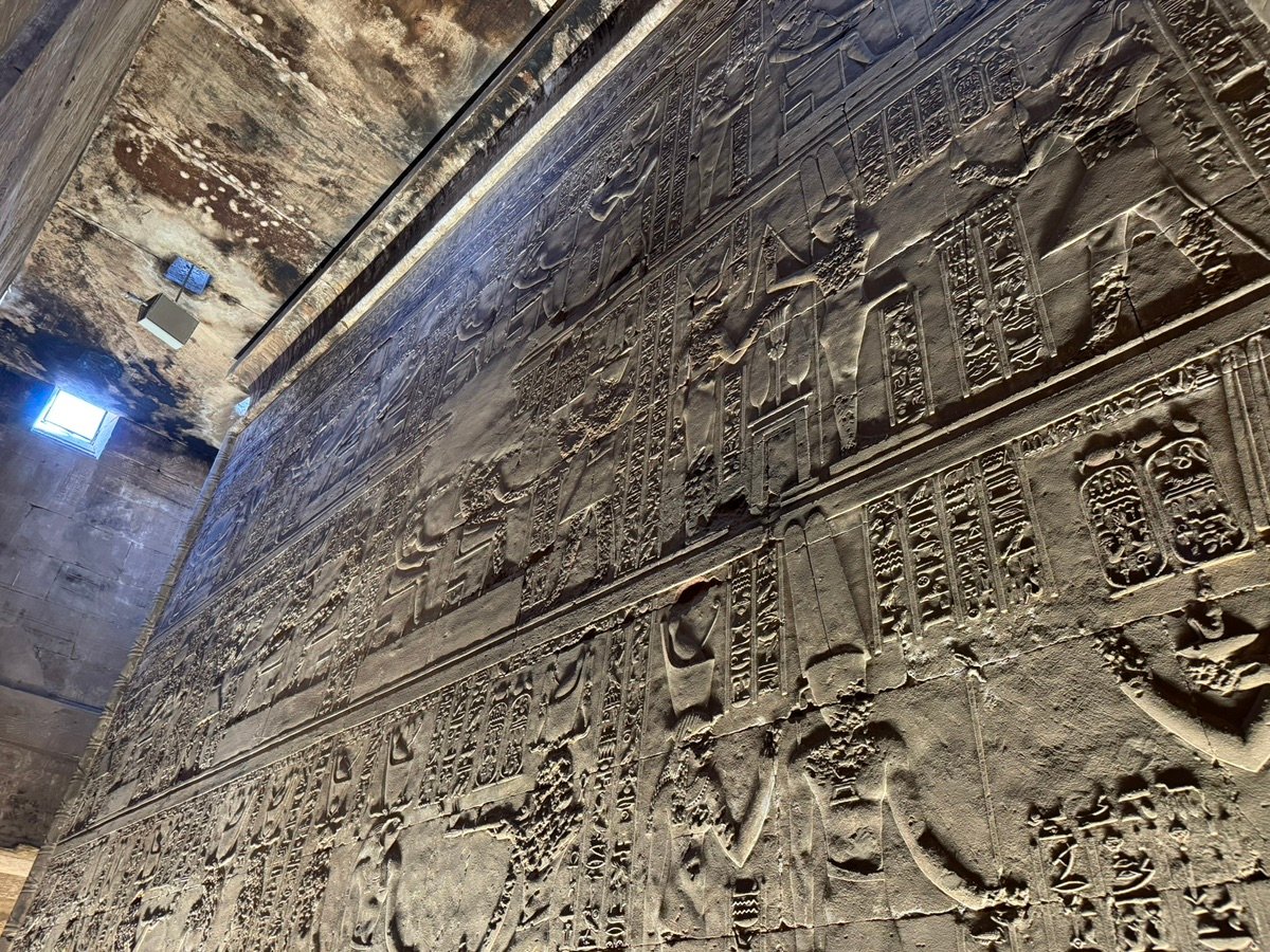 Intricate stone carvings and hieroglyphs on the walls of Edfu Temple.