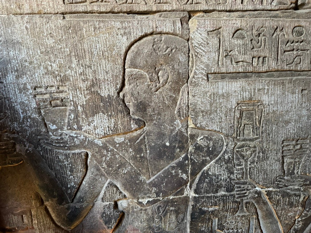 An ancient stone relief depicting a figure at the Temple of Horus in Edfu.