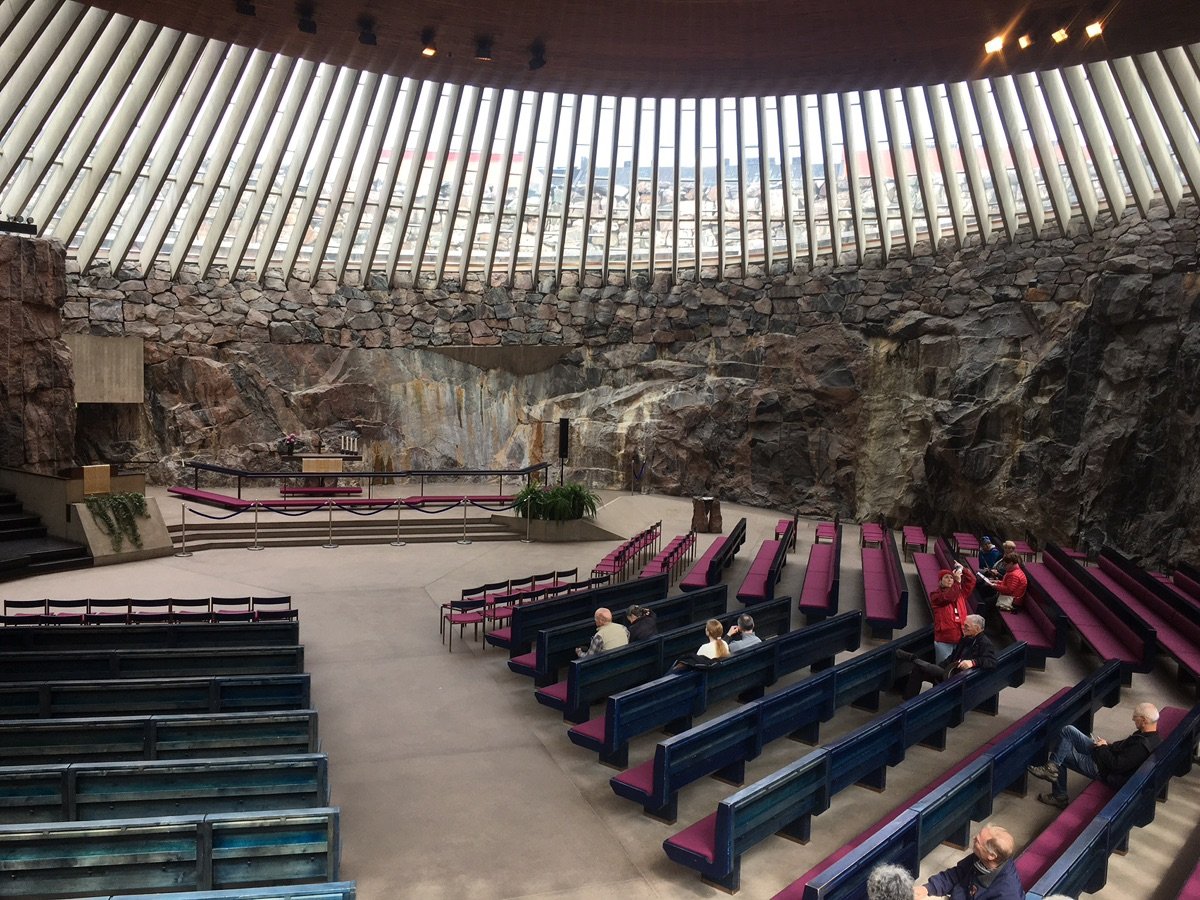Natural light streams through the ceiling of Temppeliaukio Church in Helsinki.