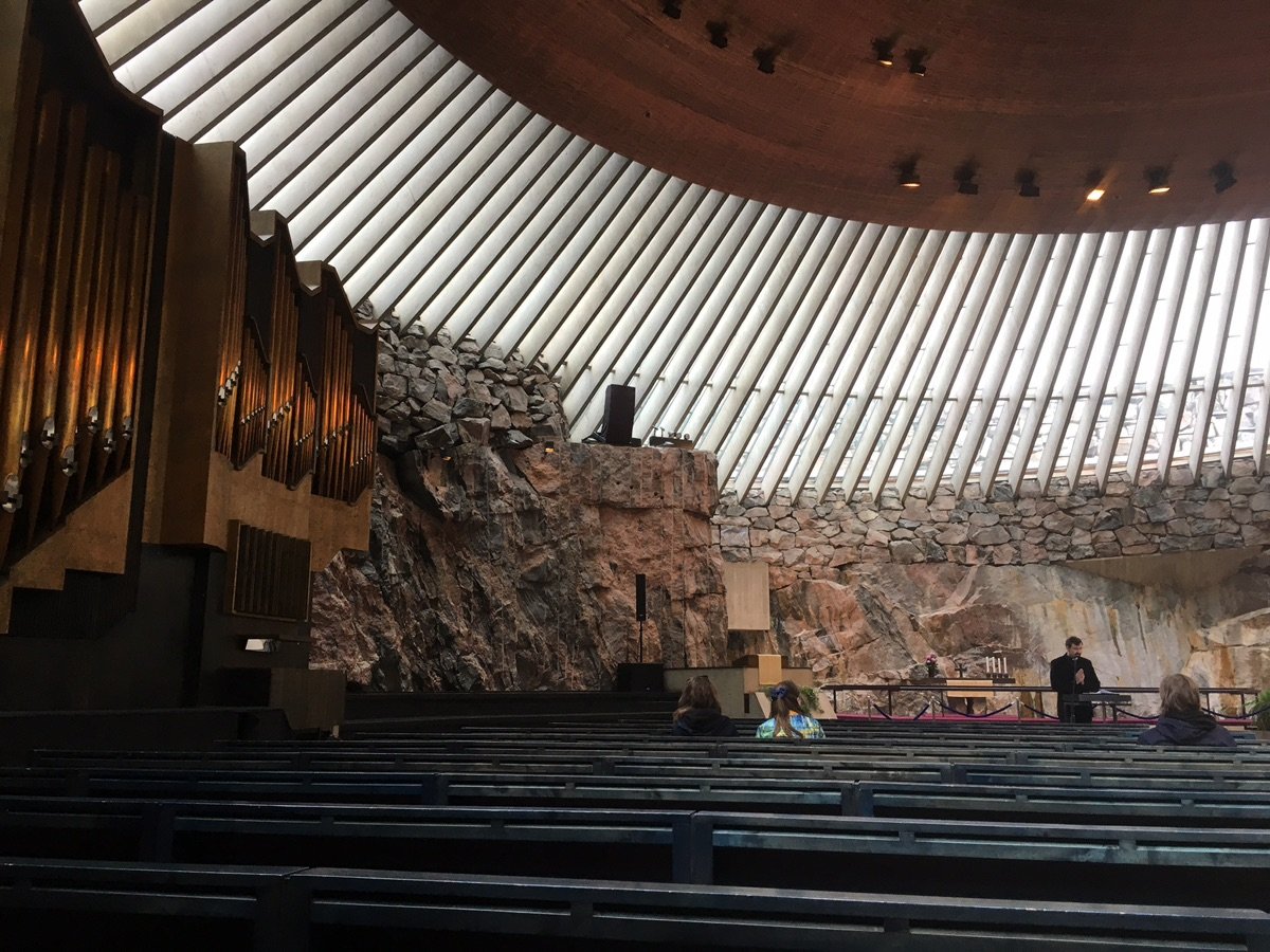 The rock walls and circular dome of Temppeliaukio Church in Helsinki.